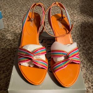 Franco Sarto orange & multi color wedges.